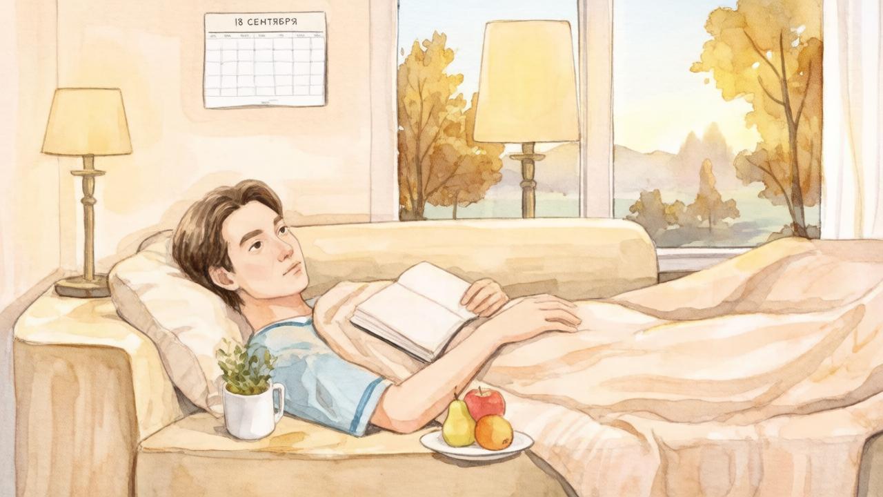 Человек отдыхает на диване с книгой и чаем в уютной комнате — иллюстрация к дню отдыха в гороскопе